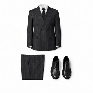 Tiglio Men's Black 100% Wool Double Breasted Suit — Peak Lapel