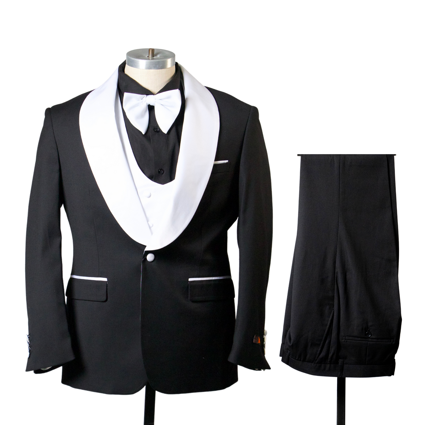 1 Button Shawl Lapel Tuxedo with Vest - Black & White