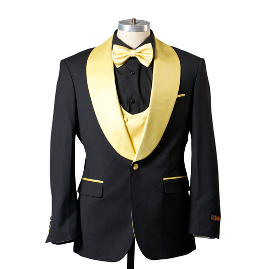 1 Button Shawl Lapel Tuxedo with Vest - Black & Gold