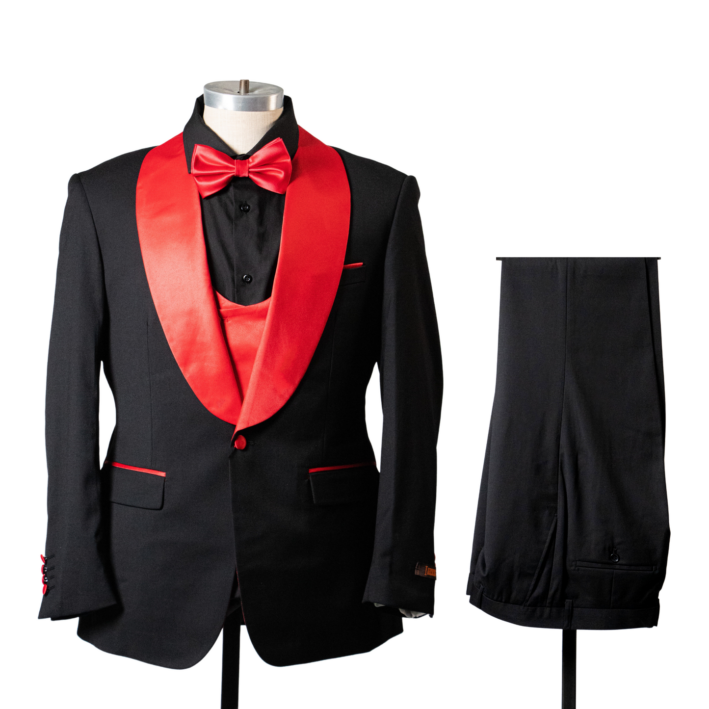 1 Button Shawl Lapel Tuxedo with Vest - Black & Red